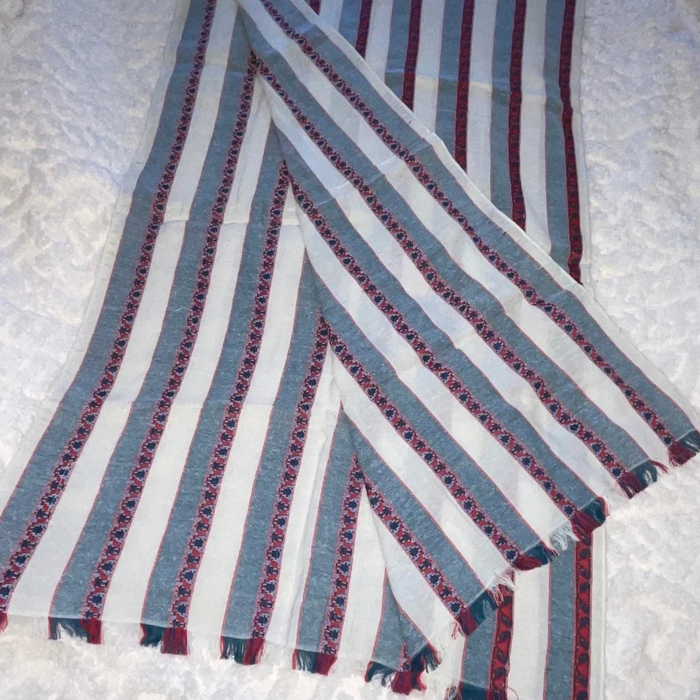 Alliance Merchandising Cotton Silk Striped Wrap Scarf Blue‎ Red Cream Fringe